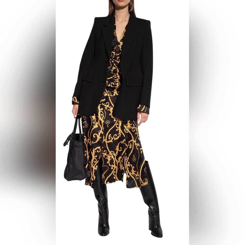 GANNI Baroque Print Silk Blend Ruched Midi Dress Black Gold EU 36 US 4 - Picture 2 of 15